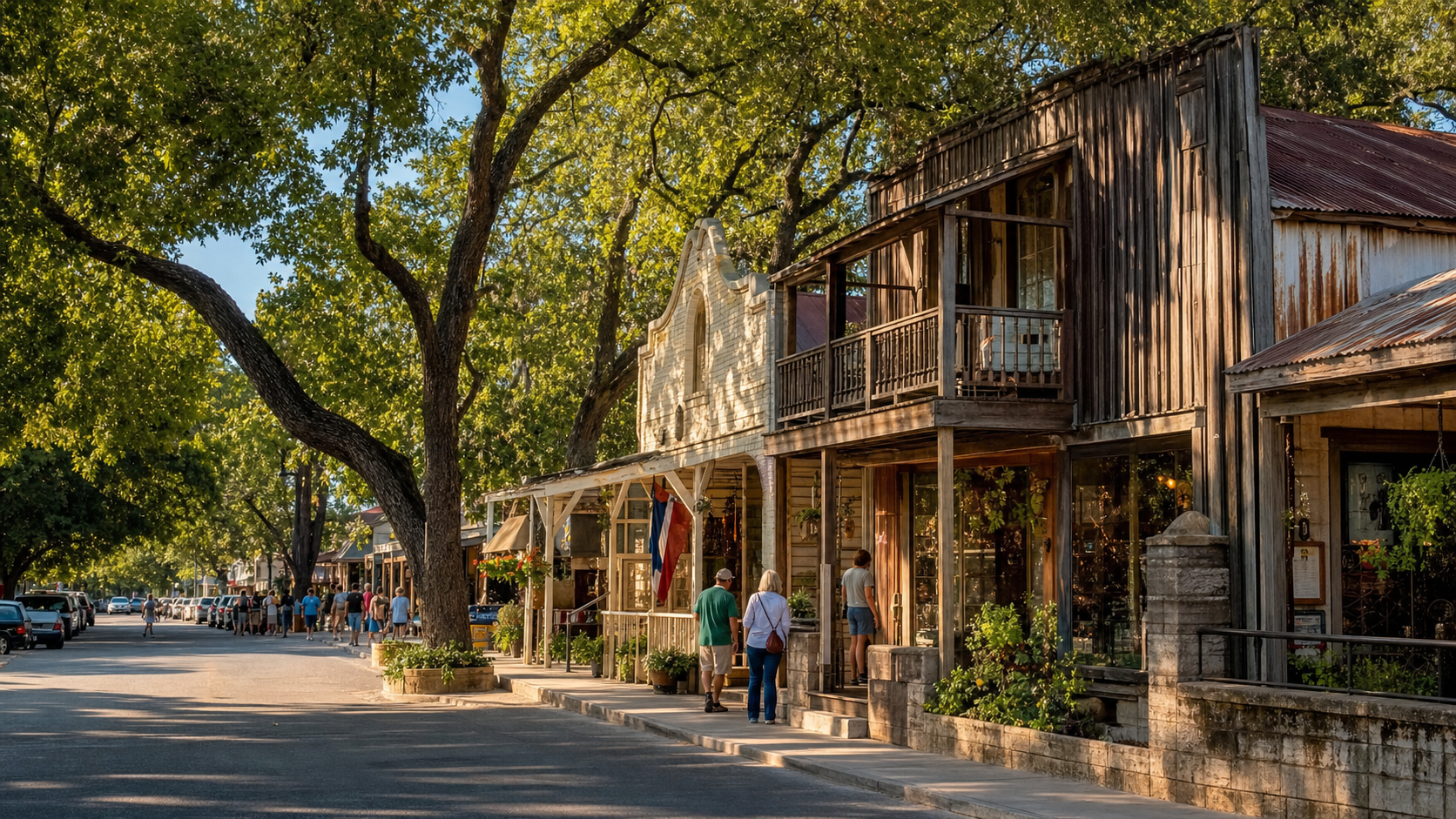 Historic Gruene shops during a New Braunfels weekend