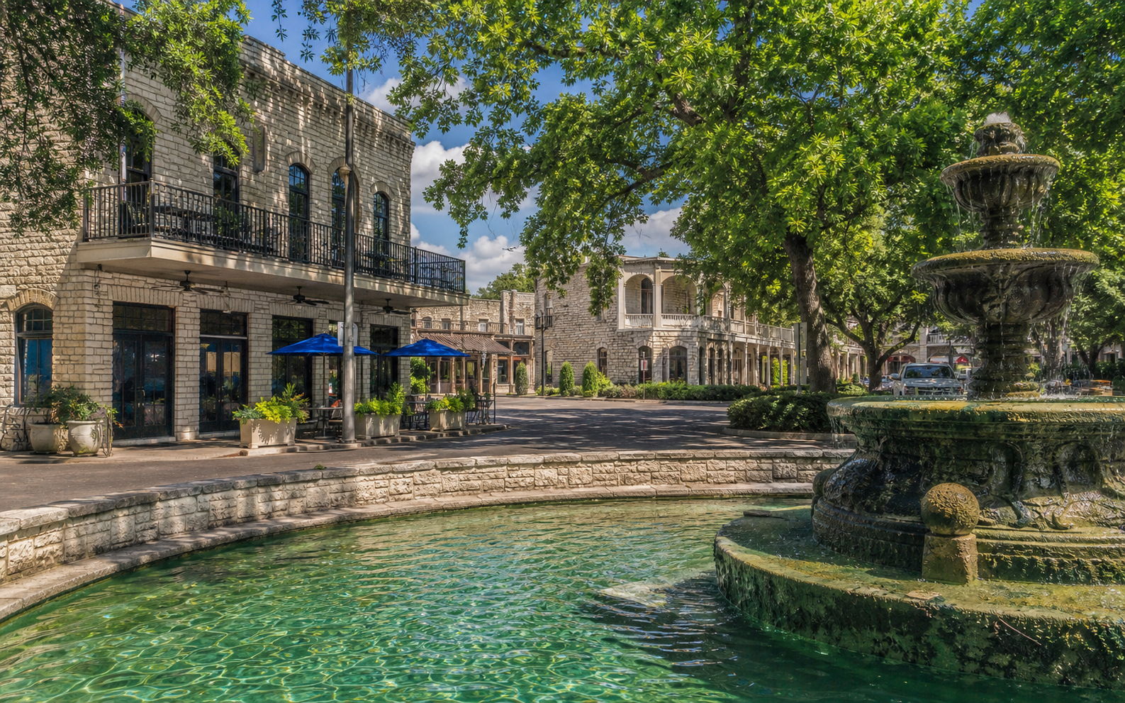 Main Plaza and historic downtown New Braunfels on a sunny afternoon