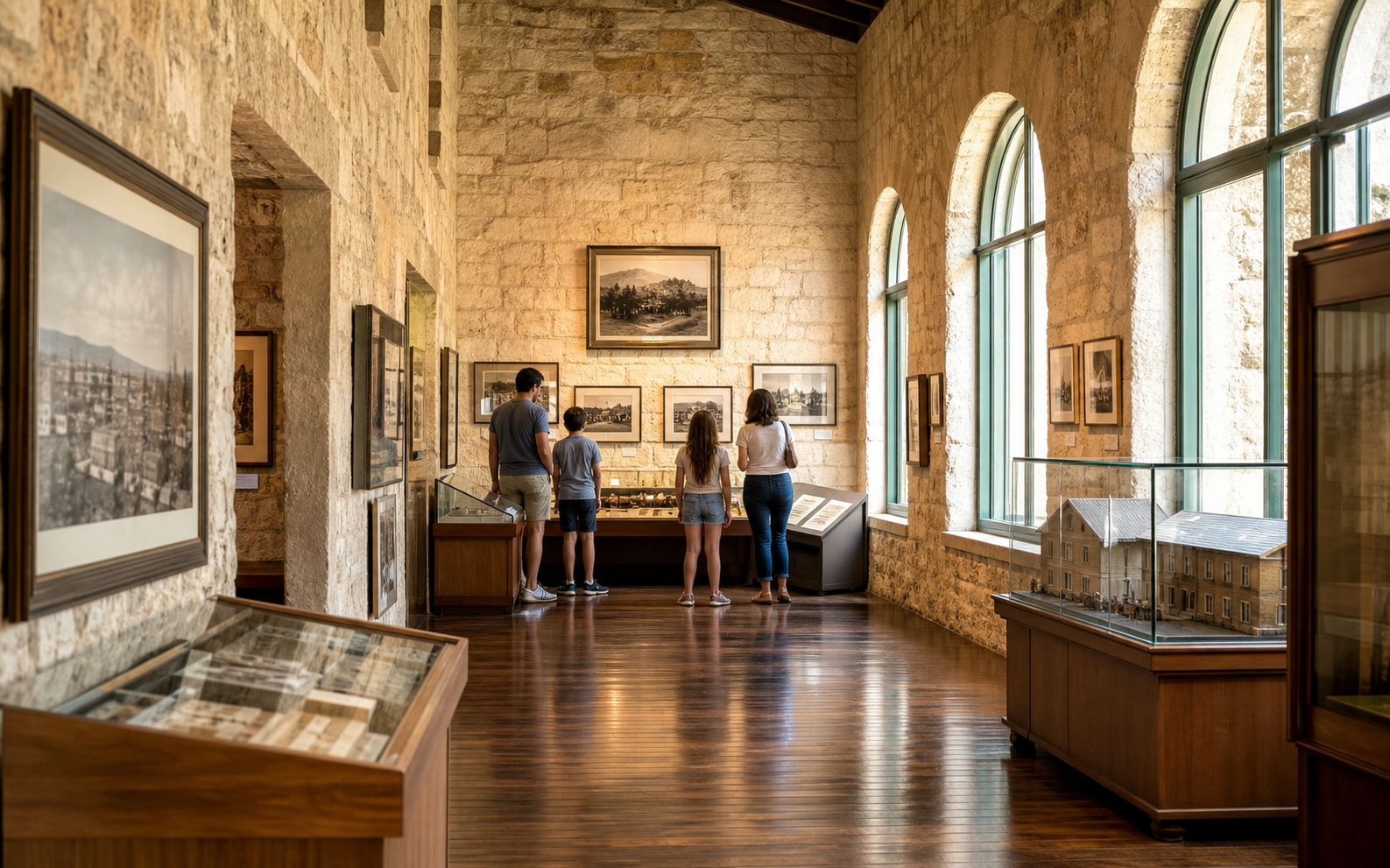 Historic Texas museum gallery with local exhibits and soft window light