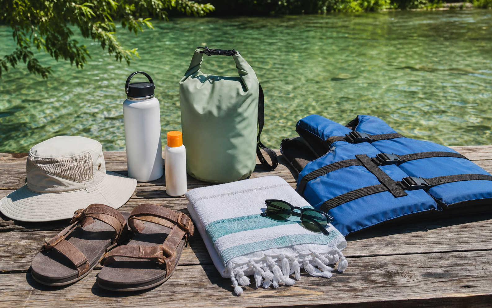 River-day essentials arranged beside clear New Braunfels water