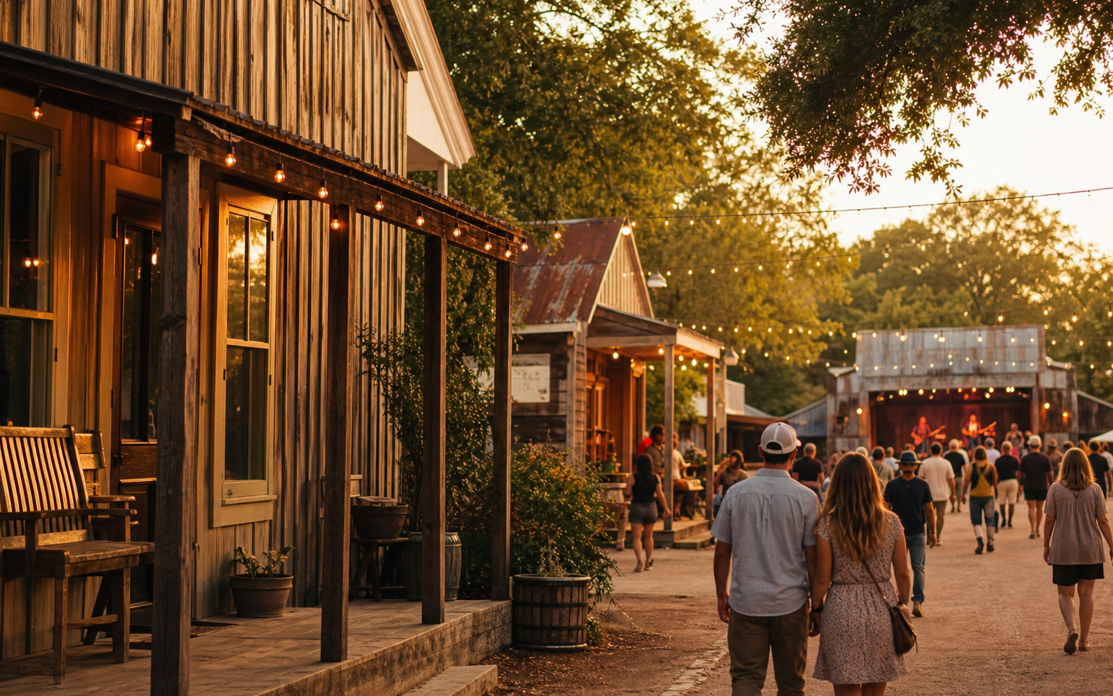 Historic Gruene district at golden hour with visitors walking toward live music